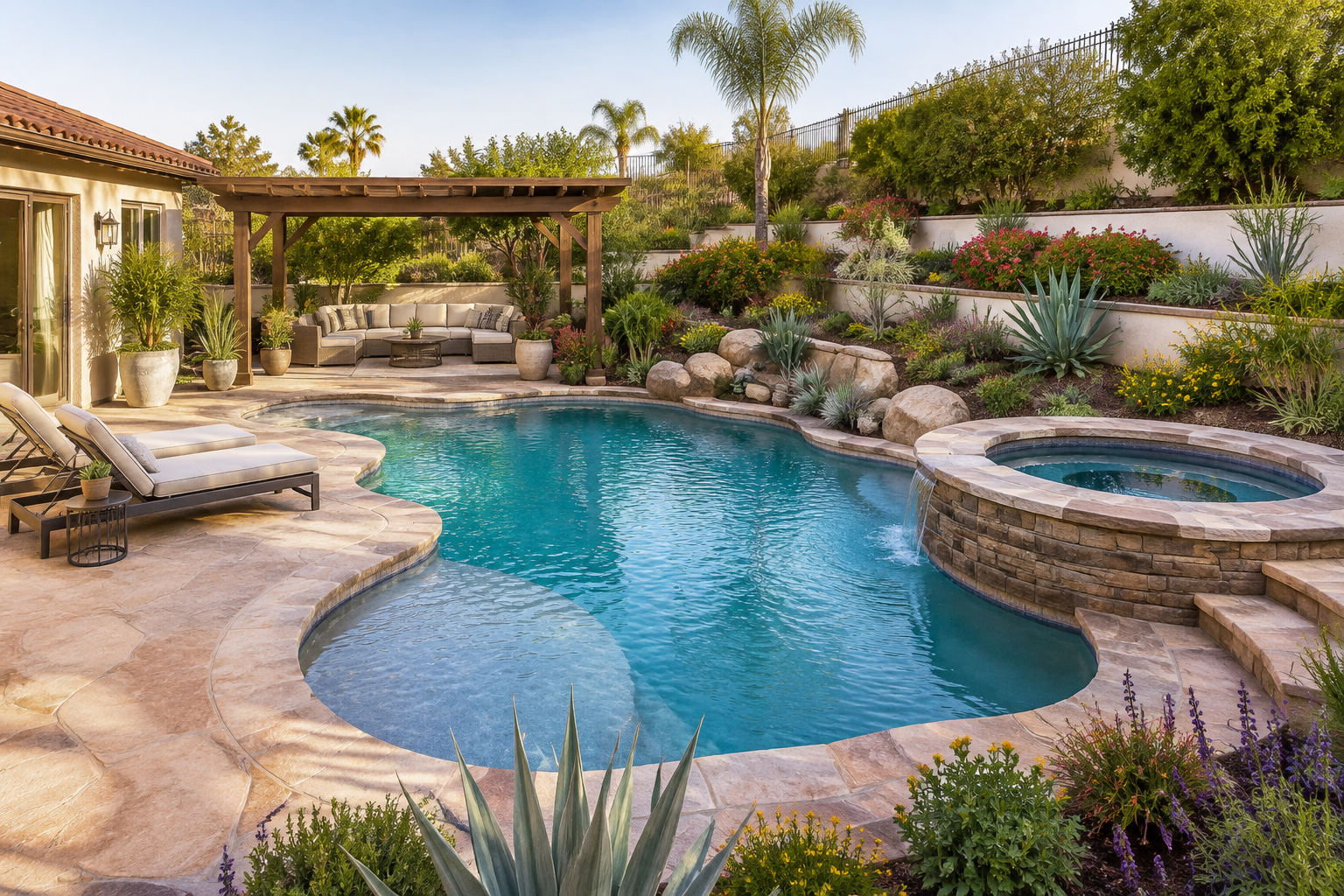 Landscape backyard featuring a swimming pool with a adjacent hot tub, surrounded by desert plants, rocks, and a shaded sitting area with outdoor furniture.