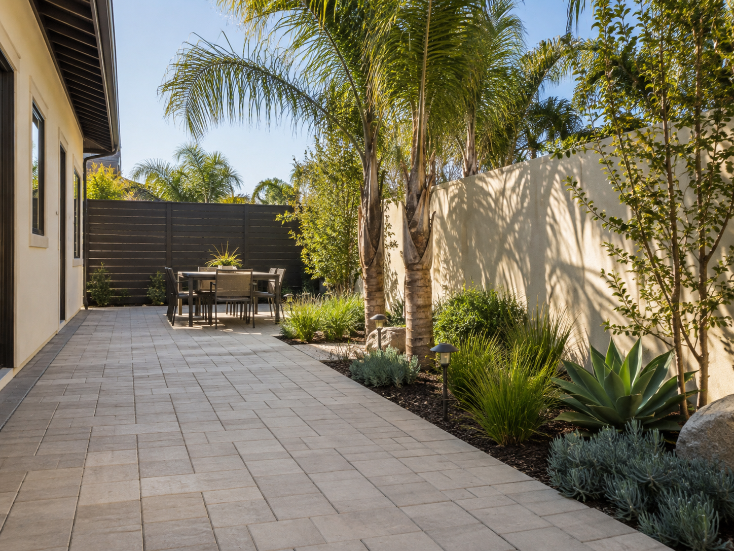 A backyard patio area with a stone tiled floor, surrounded by lush green plants and trees, including palm trees. There is outdoor furniture with a table and chairs, and the yard is enclosed by a dark wooden fence and a light-colored wall. The sky is clear and sunny.