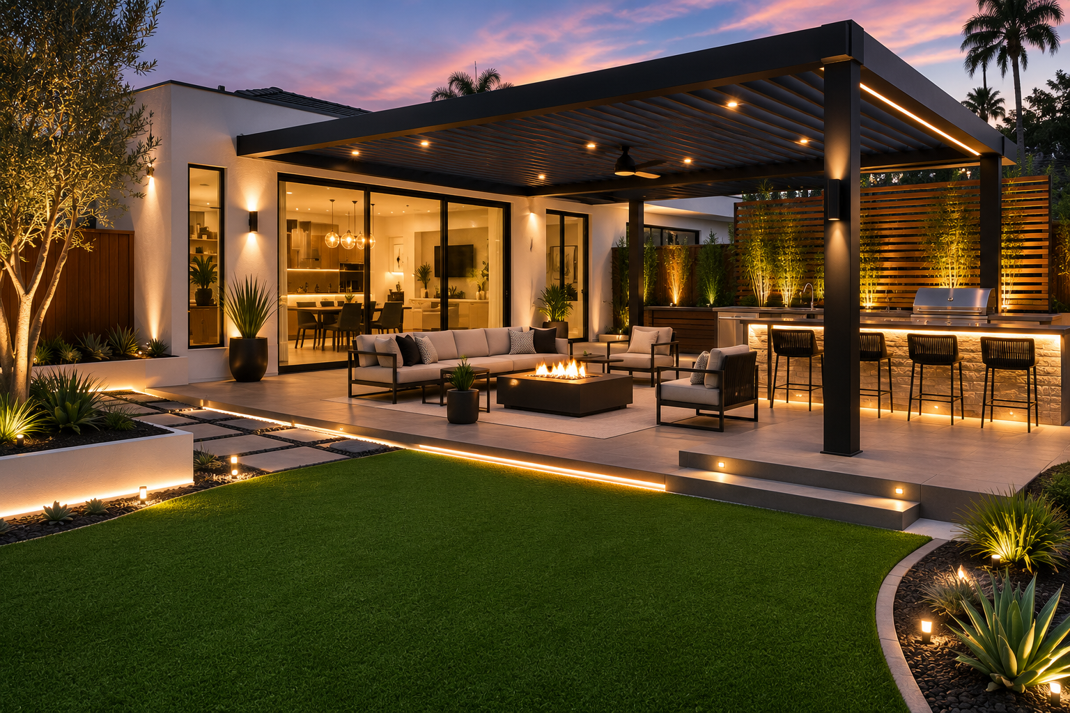 Modern backyard patio with outdoor seating, a fire pit, and a kitchen bar area, illuminated at dusk.