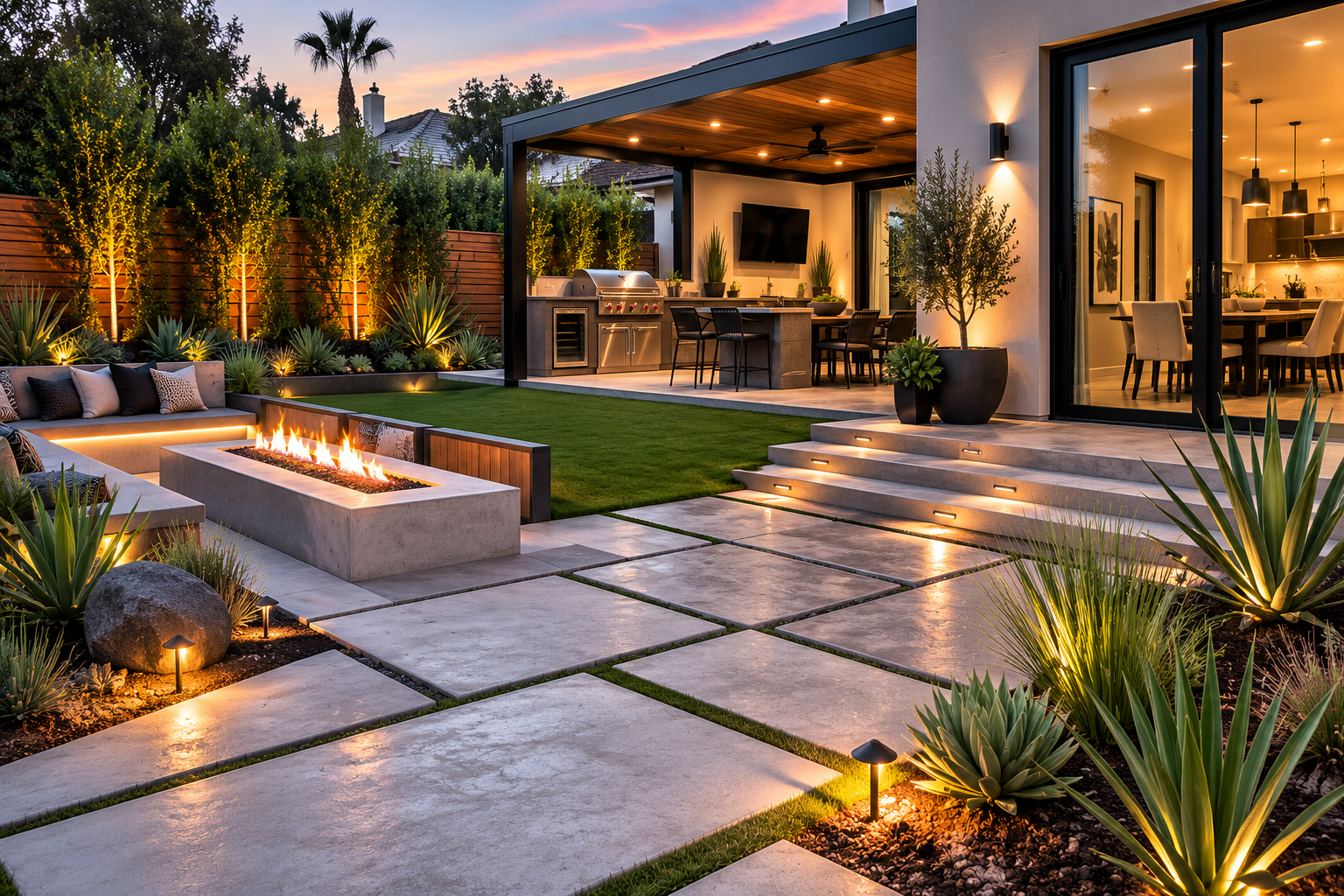 Backyard landscape with pathway lighting and succulents