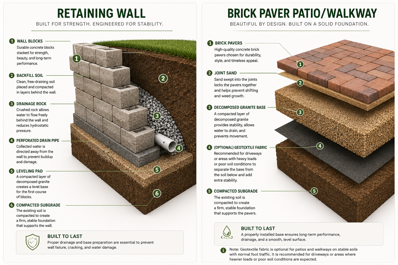 Retaining wall and paver patio construction detail diagram