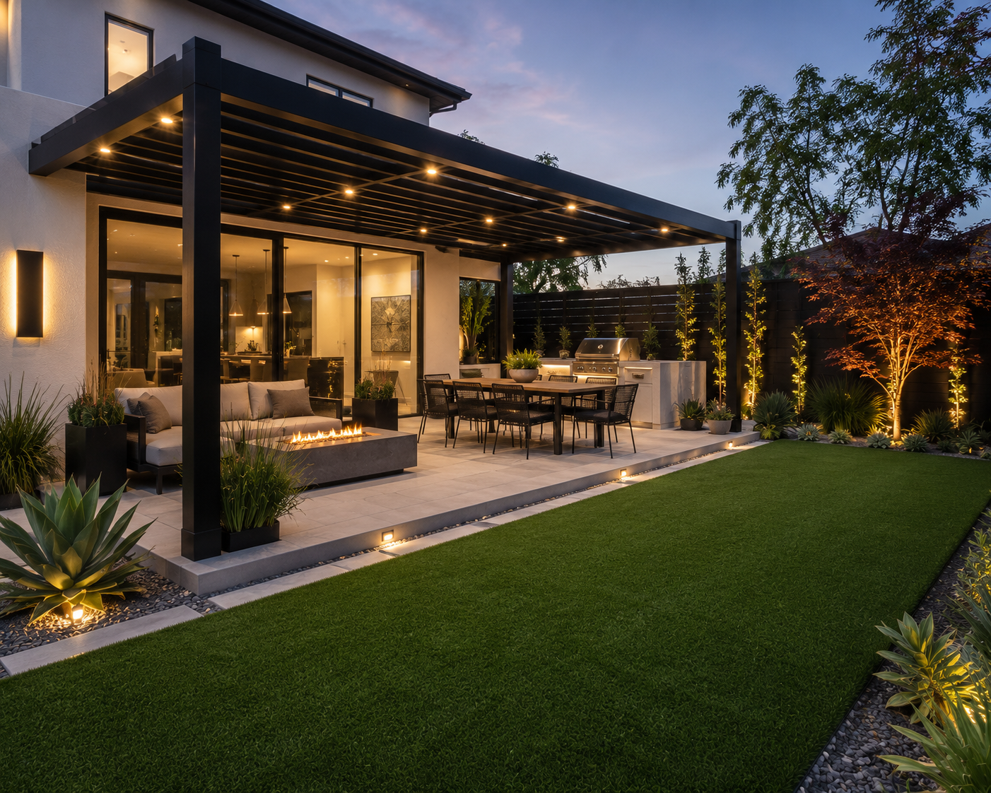 Backyard patio featuring outdoor seating, dining area, built-in grill, fire pit, landscaping, and exterior lighting designed for California outdoor living.