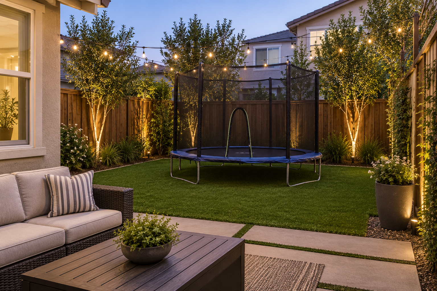 Backyard patio with outdoor seating and landscape lighting