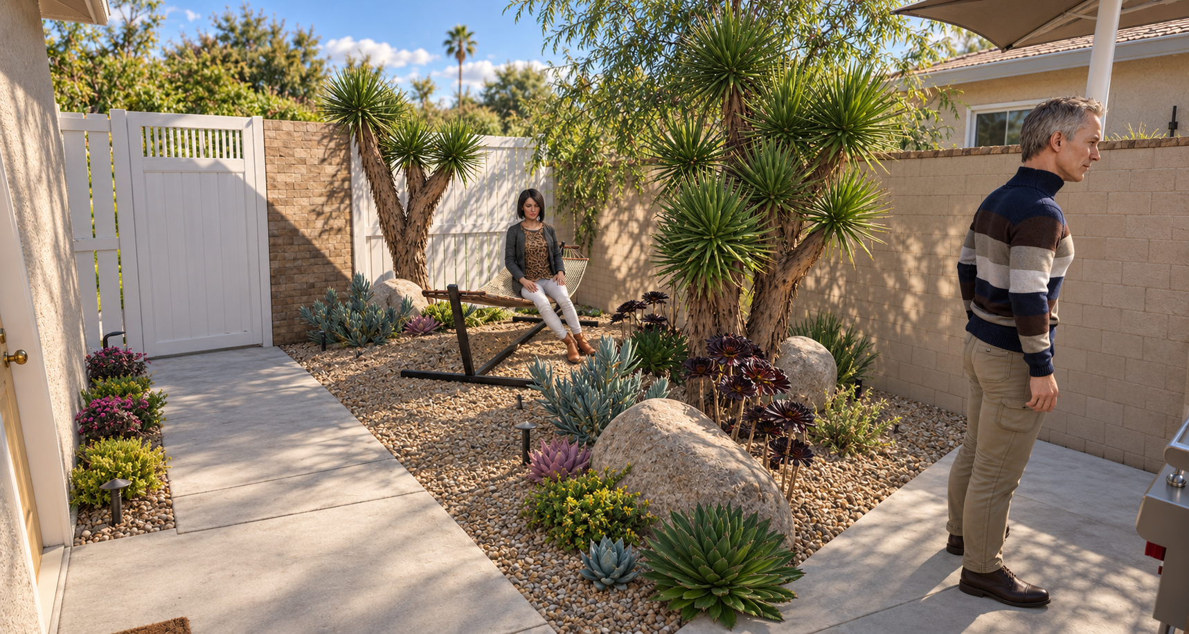 A backyard enclosed by white fence and beige brick wall with desert landscaping including various succulents and large rocks. There is a woman sitting on a lounge chair in the background, and a man standing near an outdoor grill in the foreground.