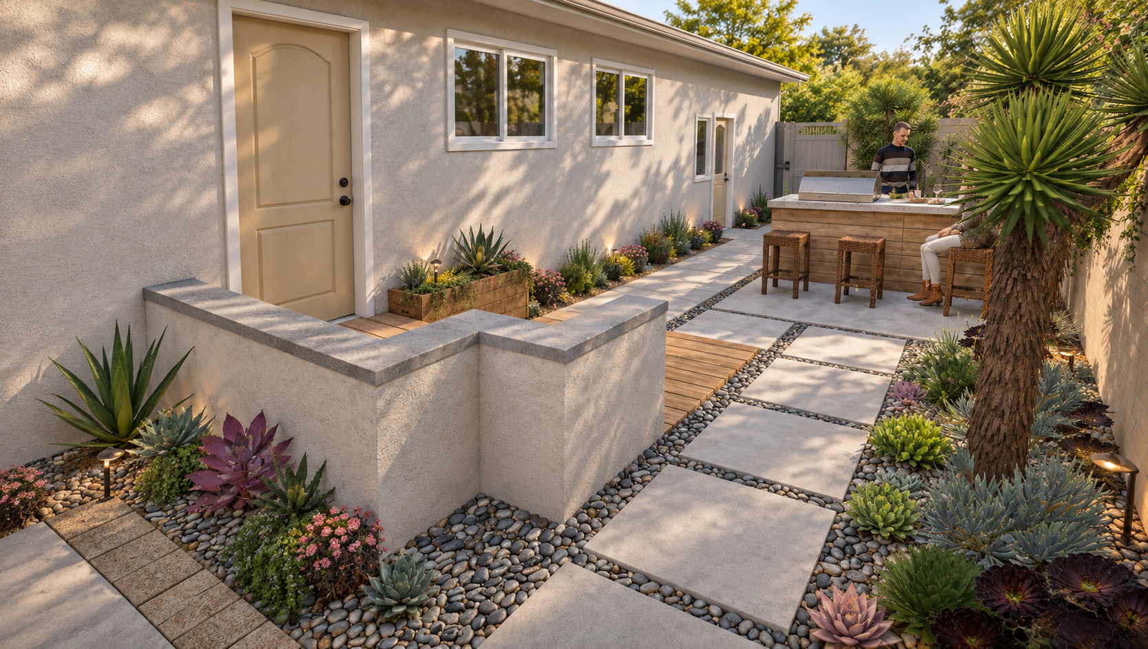 A modern backyard patio with large concrete pavers, surrounded by desert-style plants and small garden beds, featuring a built-in outdoor kitchen with seating, two people sitting and standing, and a beige house wall with windows.