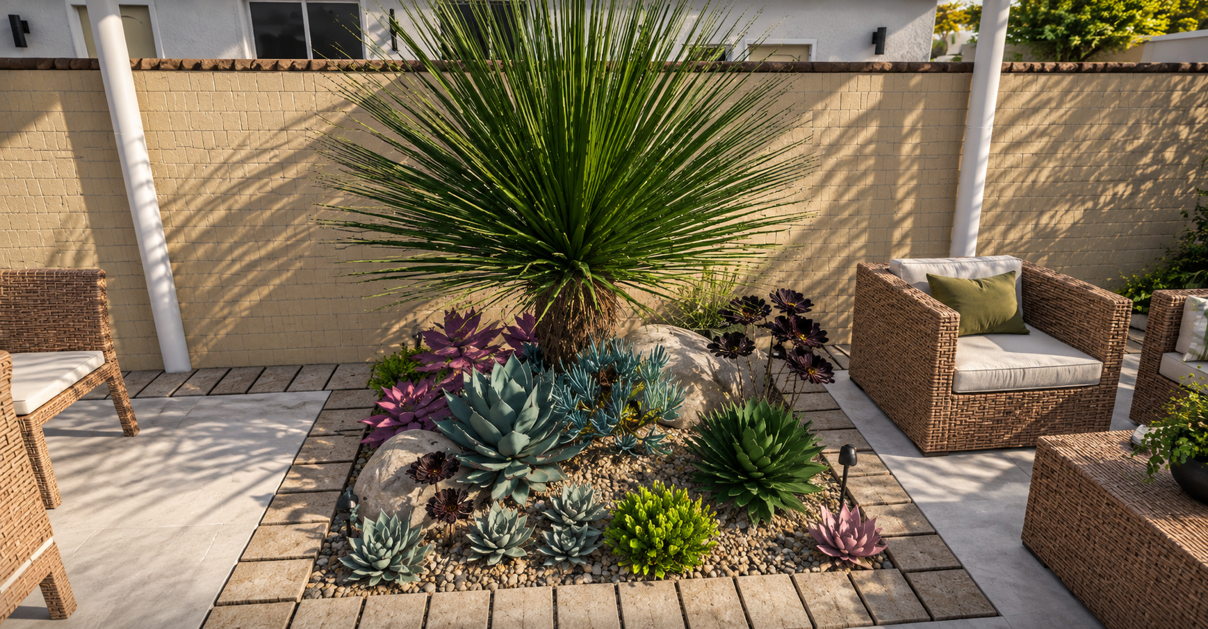 Outdoor patio area with a small landscaped garden featuring various succulents and a large spiky green plant. The area includes wicker chairs with white cushions and green pillows, a beige brick wall background, and a tiled floor, with some patio lig