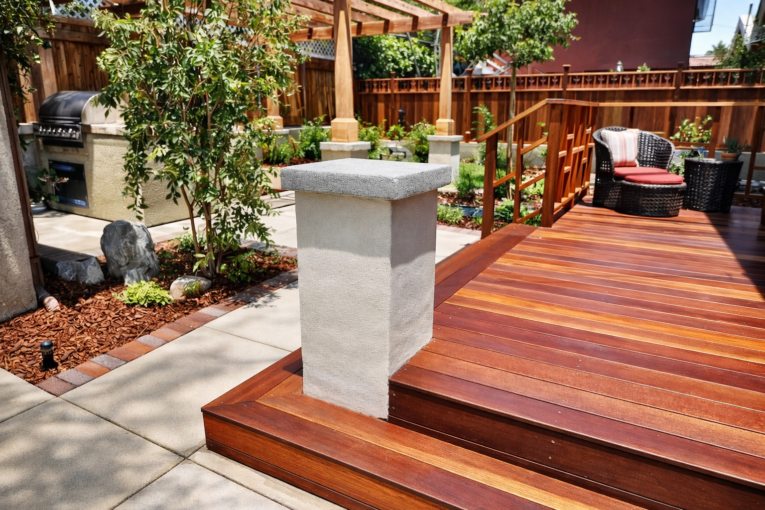  A backyard patio with wooden deck, a white concrete post in the foreground, gardened area with plants and rocks, a barbecue grill, a seating area with a black wicker chair and a red cushion, and a wooden pergola.
