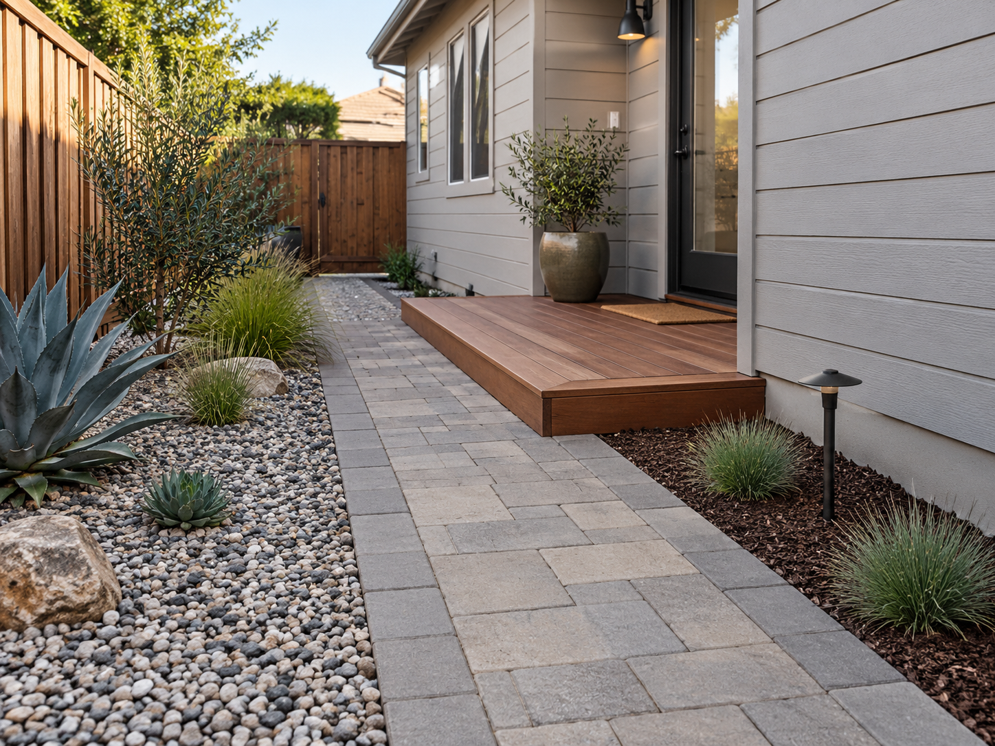 The image shows a small landscaped backyard patio area with a wooden deck, paver pathway, and a variety of plants in gravel and mulch beds, enclosed by a wooden fence.