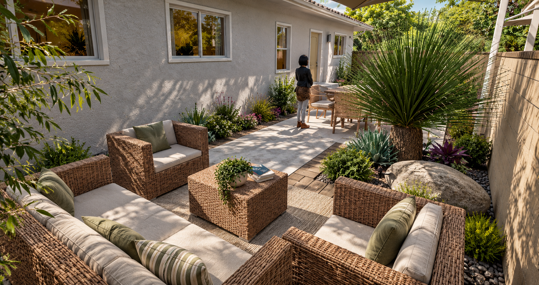 A cozy outdoor patio with wicker furniture, cushions, and a central coffee table, surrounded by lush plants and trees, with a single person standing near a white house wall with windows, in warm sunlight.