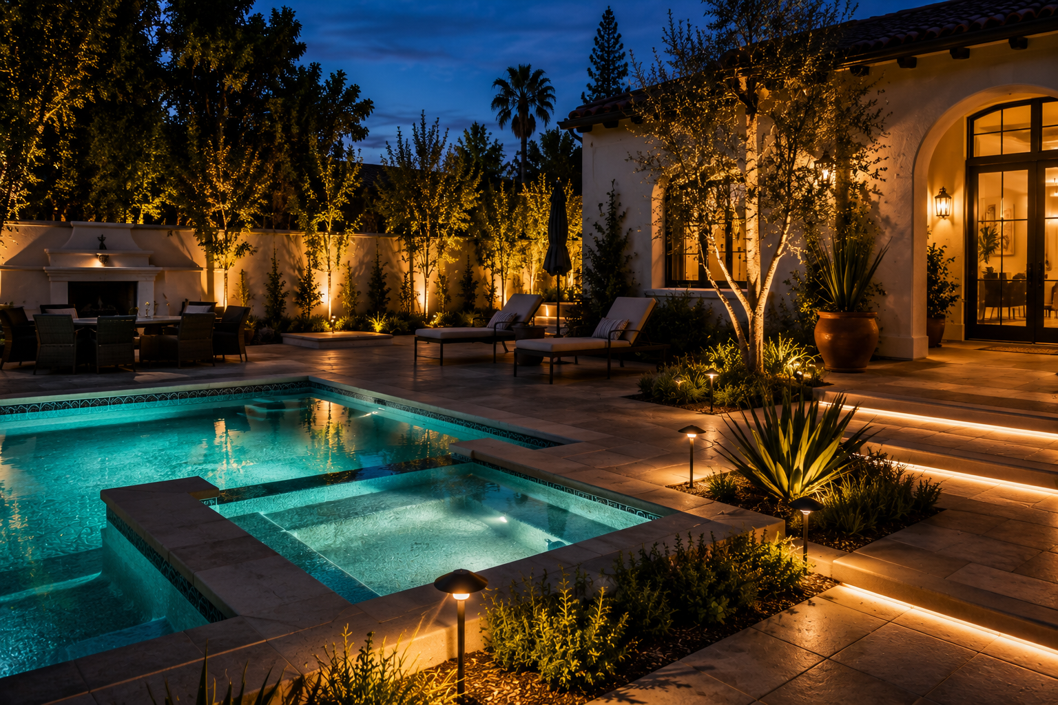 Luxury backyard with illuminated pool and landscape lighting