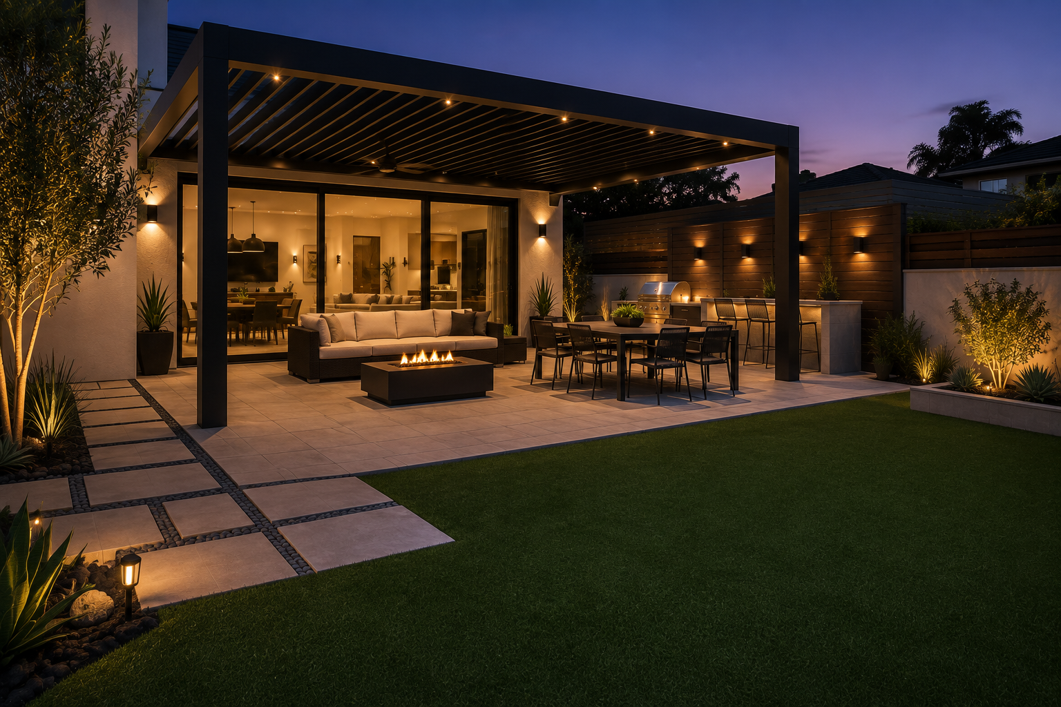 A modern outdoor patio with a fire pit, dining area, and lounge space, illuminated by warm lighting at dusk, with a view into a well-lit indoor living room.