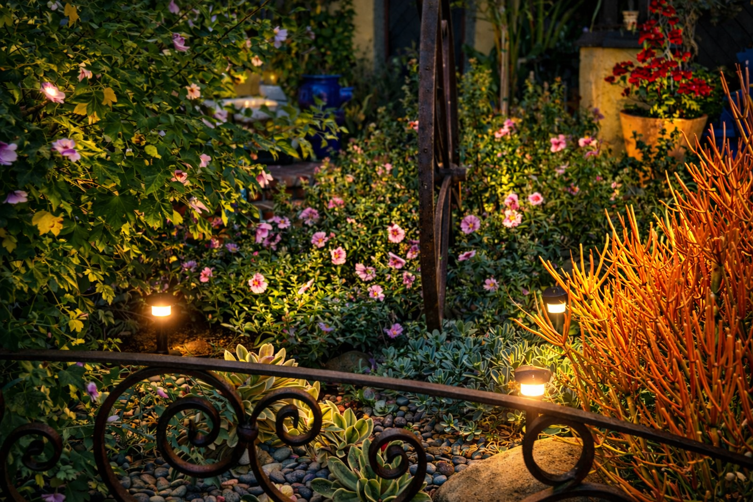 A garden scene at dusk with blooming pink and purple flowers, green foliage, decorative lighting, and a rusted metal armature, surrounded by pebbled ground and potted plants.