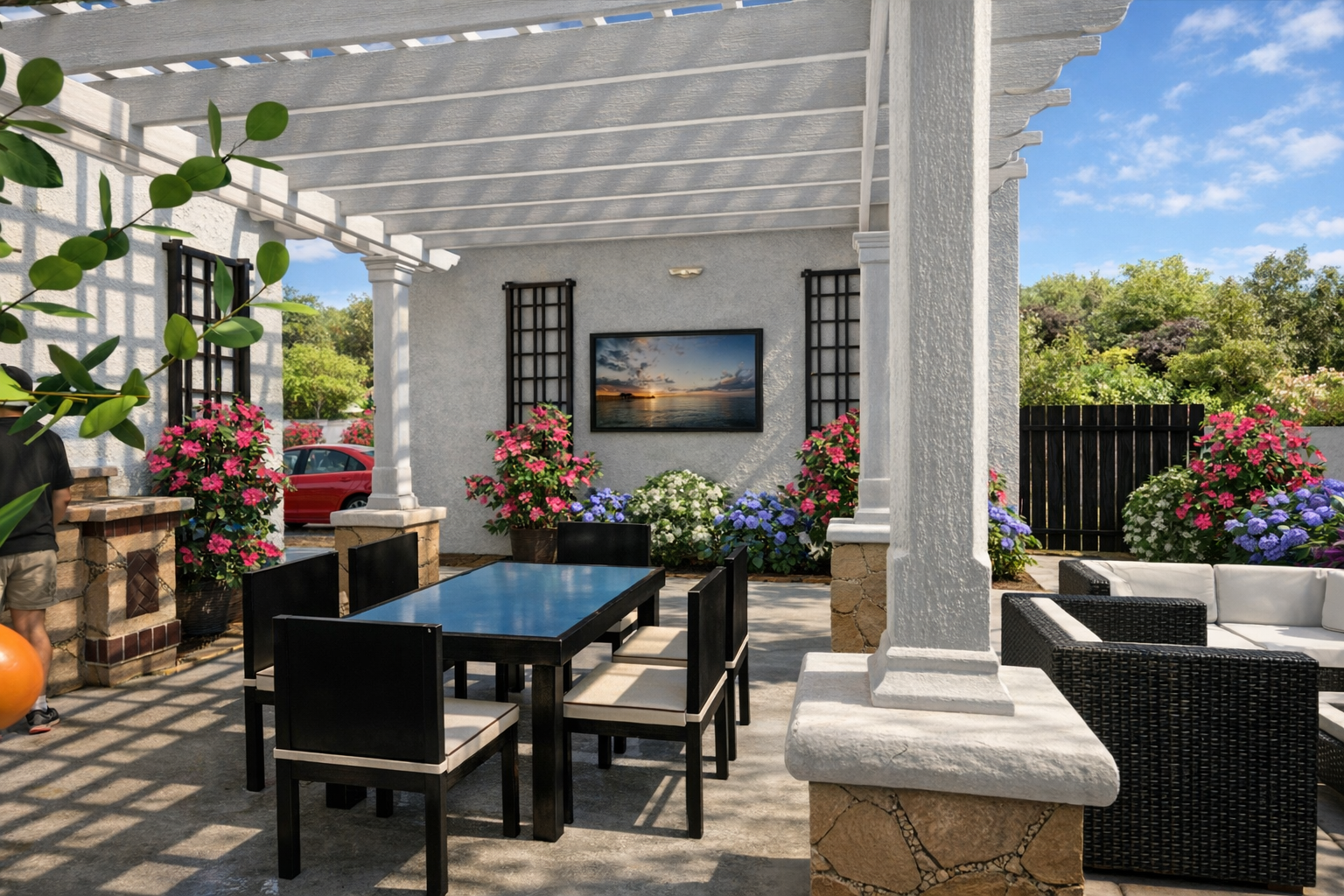 Outdoor patio with a black dining table, four black chairs, and seating area with wicker furniture. Pink and purple flowers in large pots, a wall-mounted TV, and a scenic sunset on the screen. White pergola overhead and a background of greenery and s