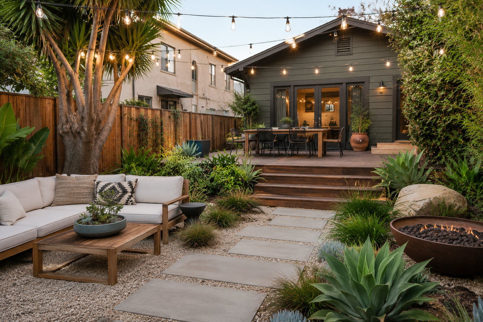 Custom backyard with fire pit and outdoor living area