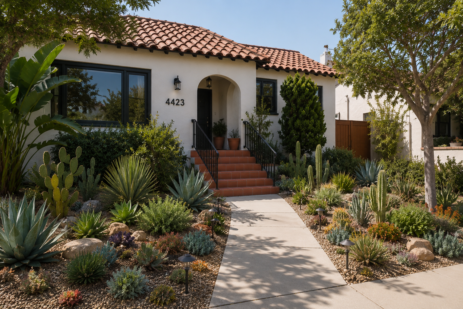 Modern front yard landscape with desert plants, succulents, and custom entry walkway