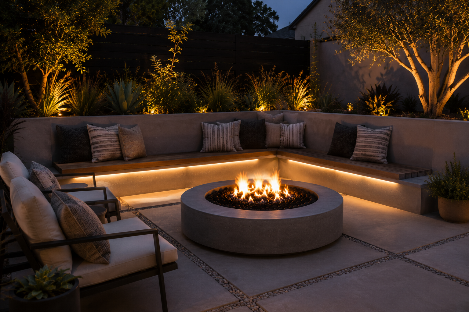 Outdoor patio with built-in seating, throw pillows, and a fire pit, illuminated by wall and ground lighting at night.