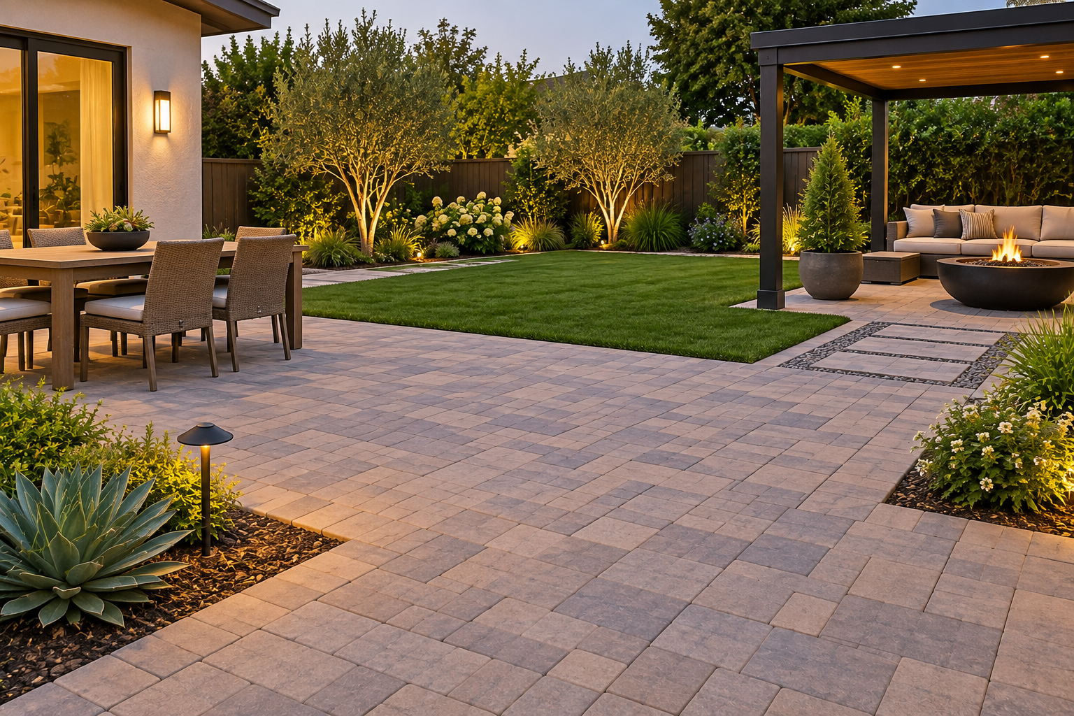 Backyard patio with outdoor dining table, chairs, and a seating area with a fire pit, landscaped with plants, trees, and a grassy lawn, illuminated by outdoor lighting at dusk.