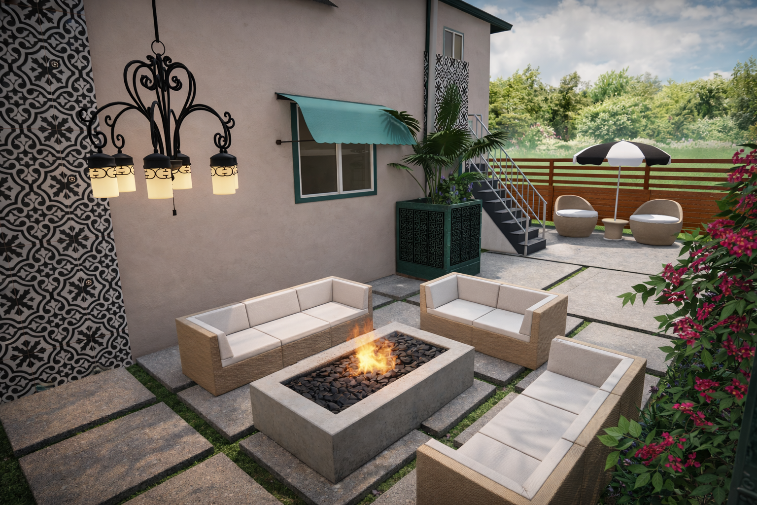 Outdoor patio with three beige cushioned armchairs around a rectangular fire pit with flames; a beige sofa with cushions; a decorative black and white wall hanging; hanging black chandelier with white shades; potted plant with green leaves; stairs wi
