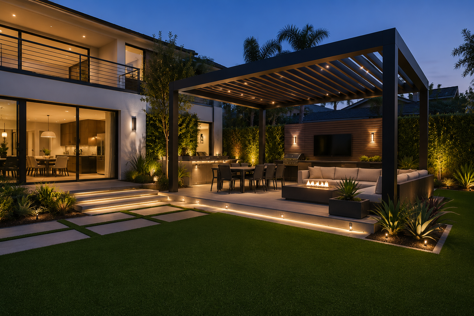 Modern backyard patio at dusk with outdoor seating, fire pit, grill, and house interior visible through large sliding glass doors