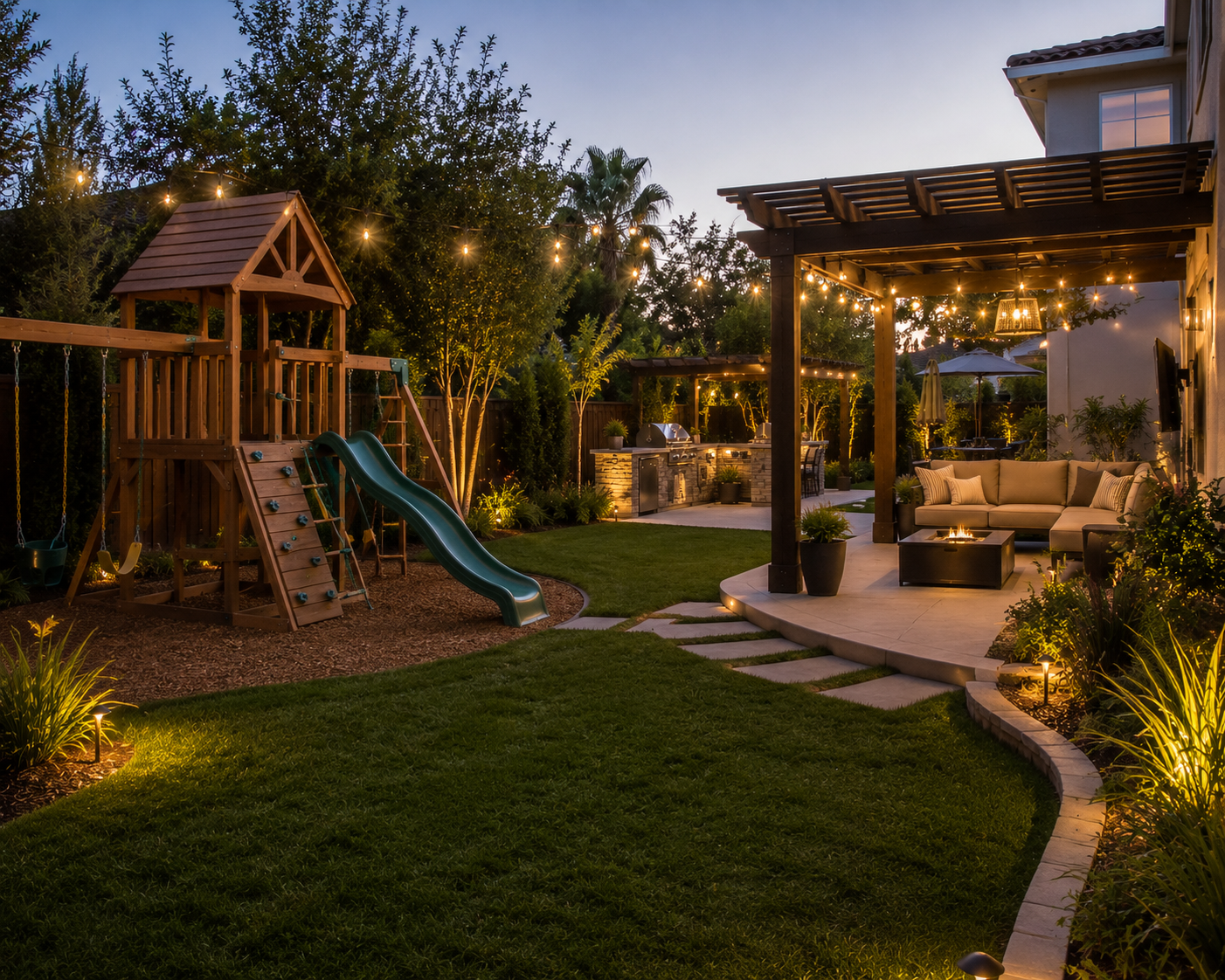 Family backyard with playset and outdoor living area