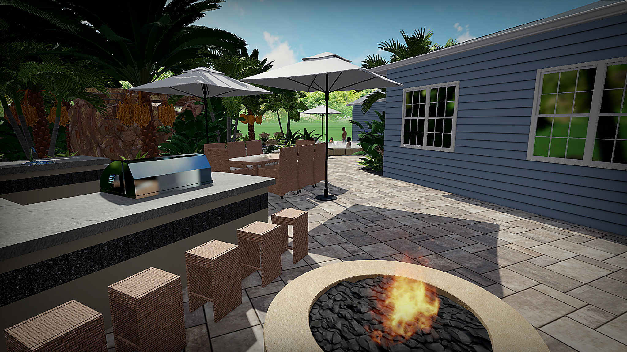 A modern outdoor patio with wicker chairs and a fire pit, surrounded by lush greenery, a blue house with large windows, and shaded seating areas with umbrellas.