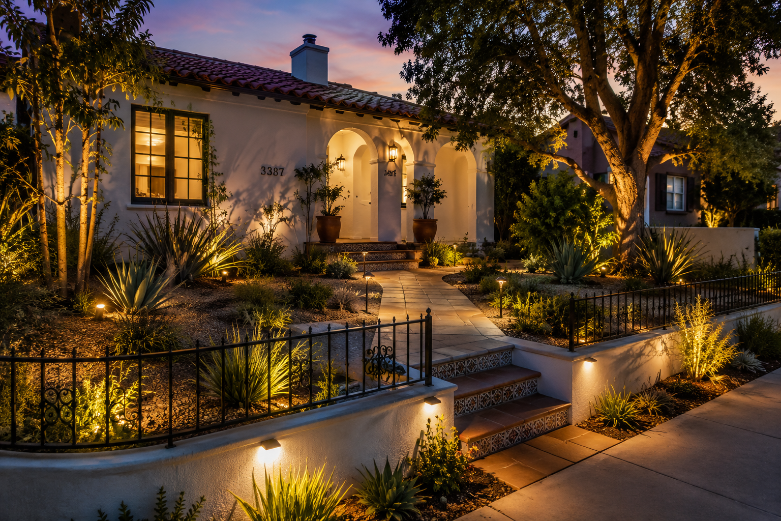 A house illuminated by outdoor lighting at dusk, featuring a garden with various plants, a walkway, and a large tree in front.