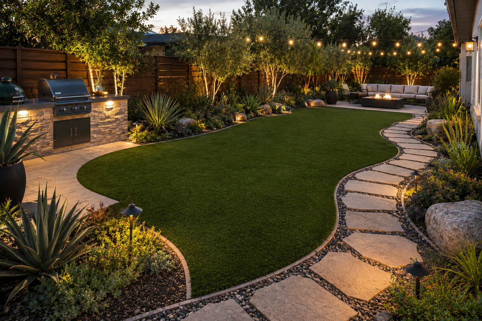 California backyard landscape featuring a stone and brick outdoor kitchen, curved pathway, landscaped lawn, decorative plants, string lighting, and a fire pit seating area. Mack needs to take