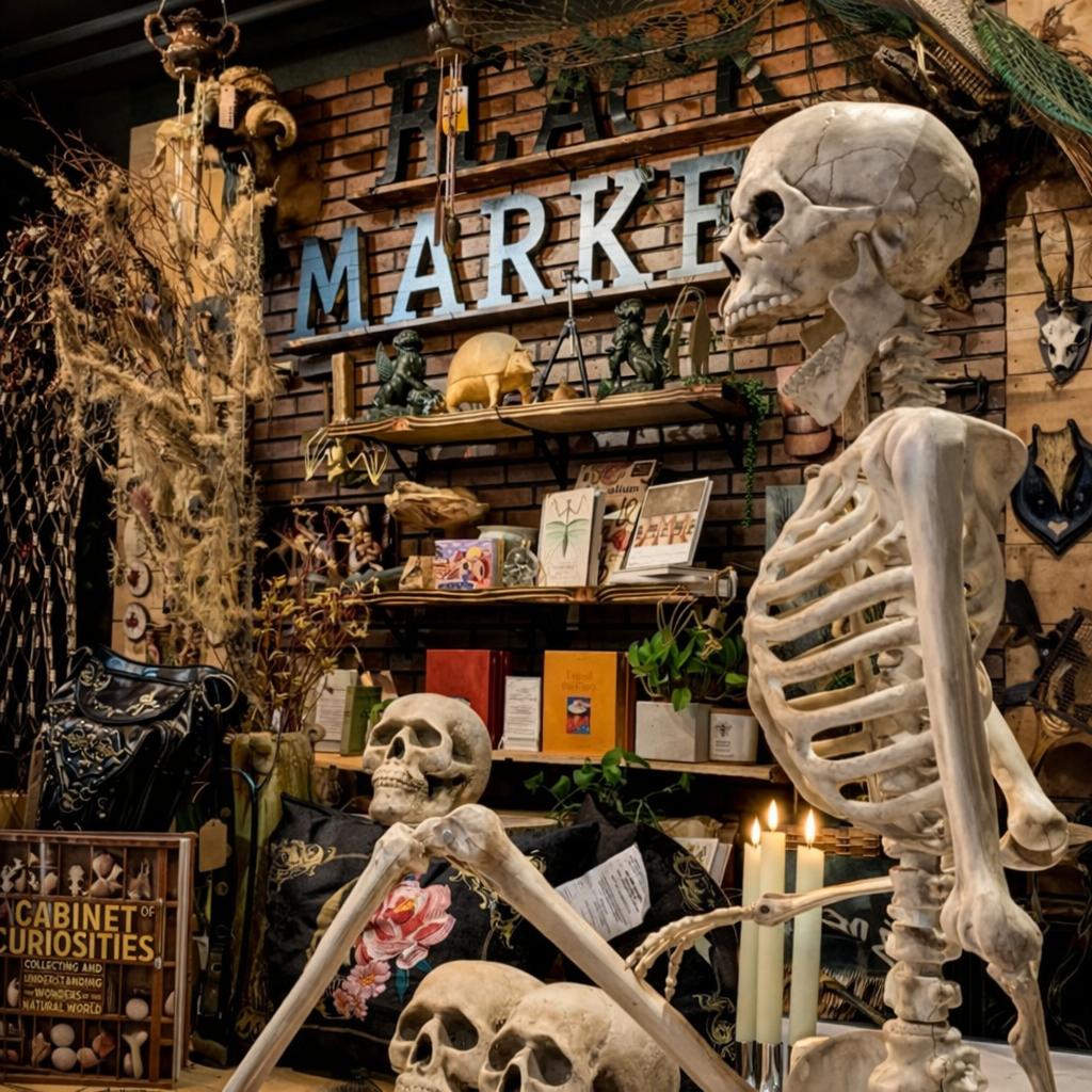 A display of skeletons, skulls, and various curiosities in a vintage curiosity shop with a brick wall and shelves filled with books, sculptures, and plants.