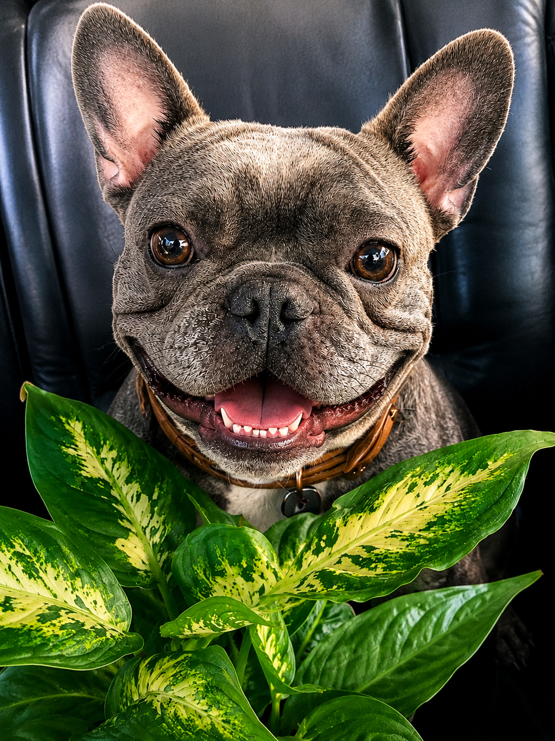 French bulldog beside indoor plant