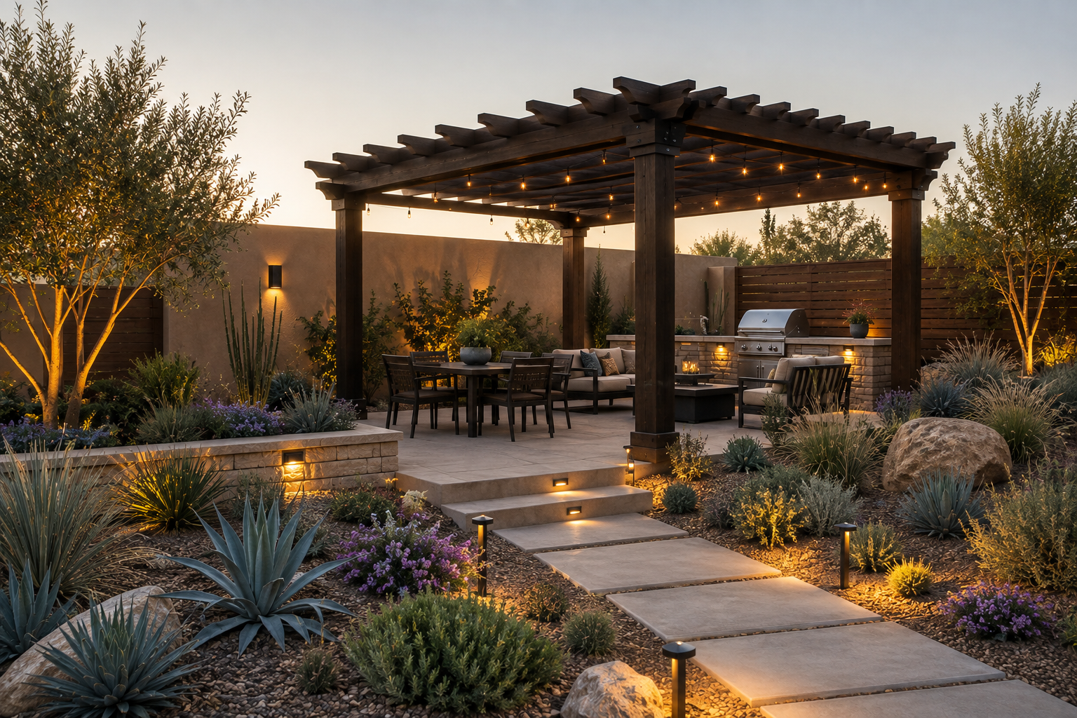 Outdoor backyard patio with a pergola, string lights, patio furniture, a built-in grill, and desert plants