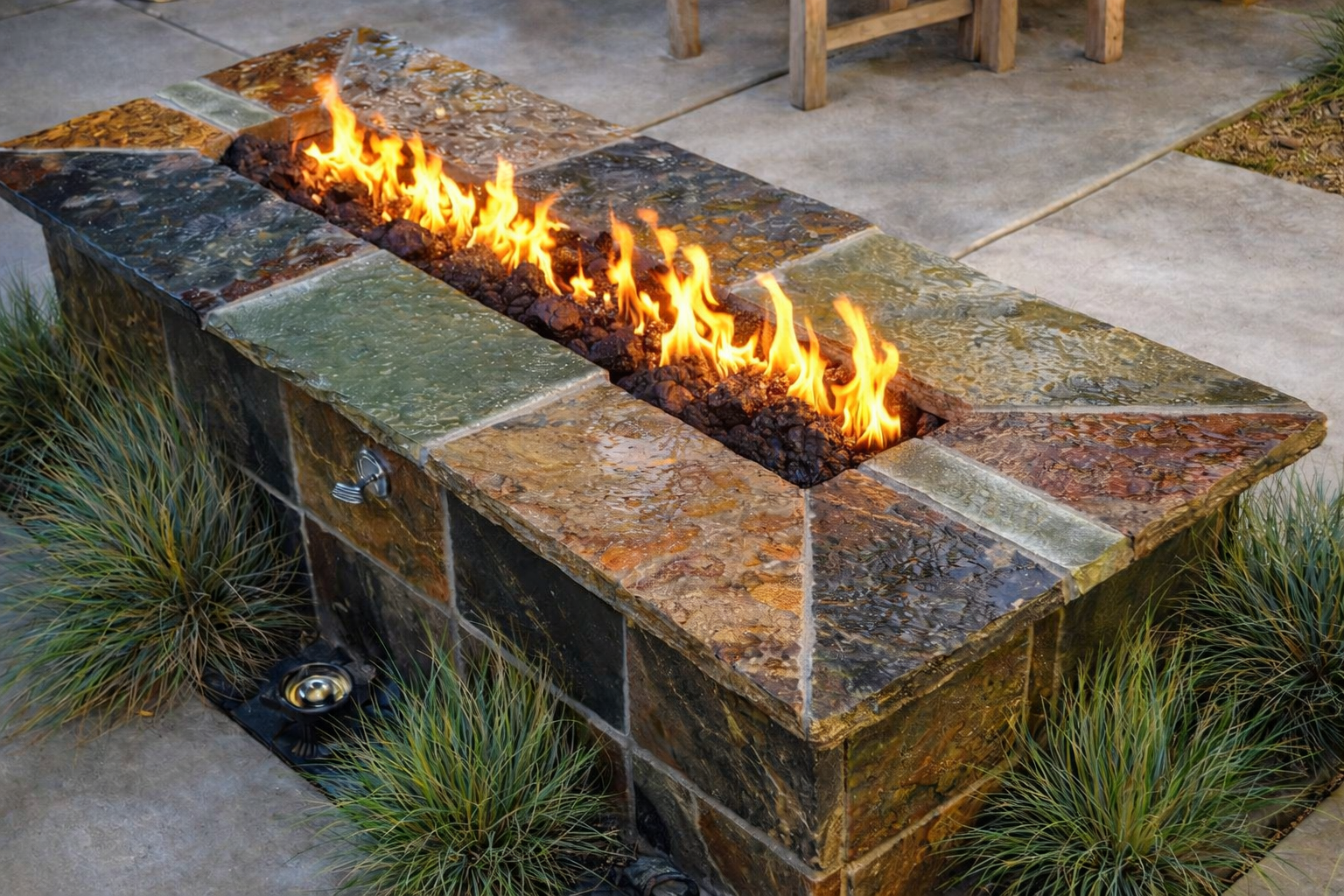 A rectangular fire pit with colorful stone tiles and a long row of flames, surrounded by plants and outdoor flooring.