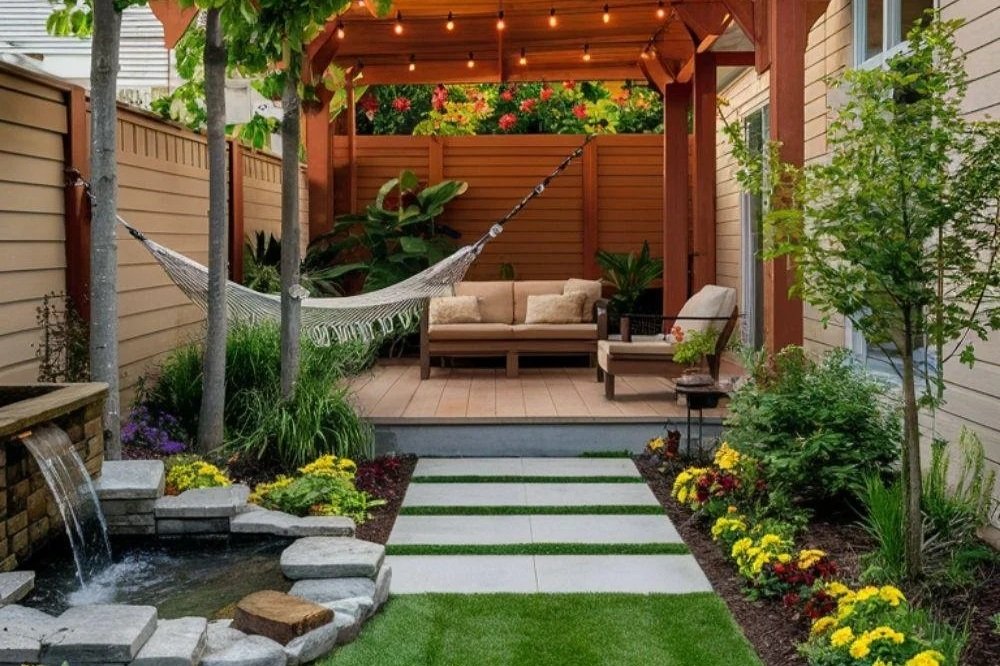 Backyard retreat with deck, hammock, pond, and lush landscaping