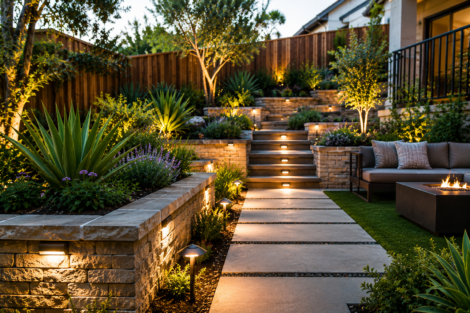 A beautifully landscaped backyard garden at dusk with illuminated steps, a sitting area, lush green plants, and trees.