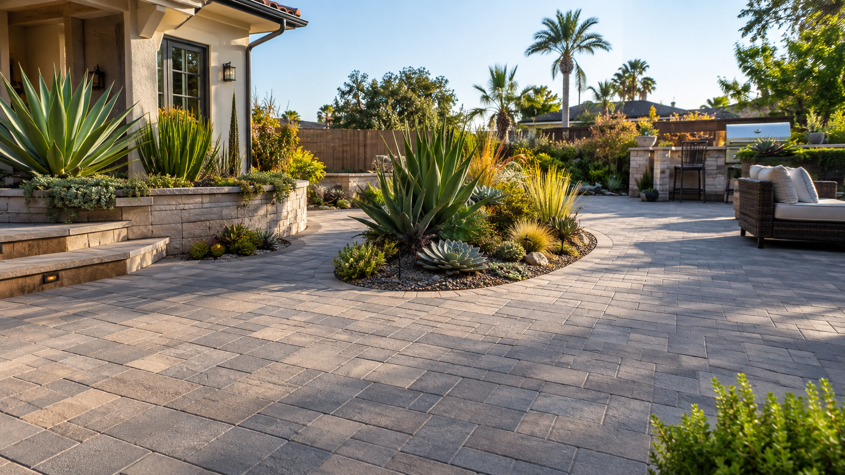 A spacious backyard patio with stamped concrete, desert plants, and outdoor seating areas, including a wicker sofa and a barbecue grill, surrounded by a wooden fence and tall palm trees.