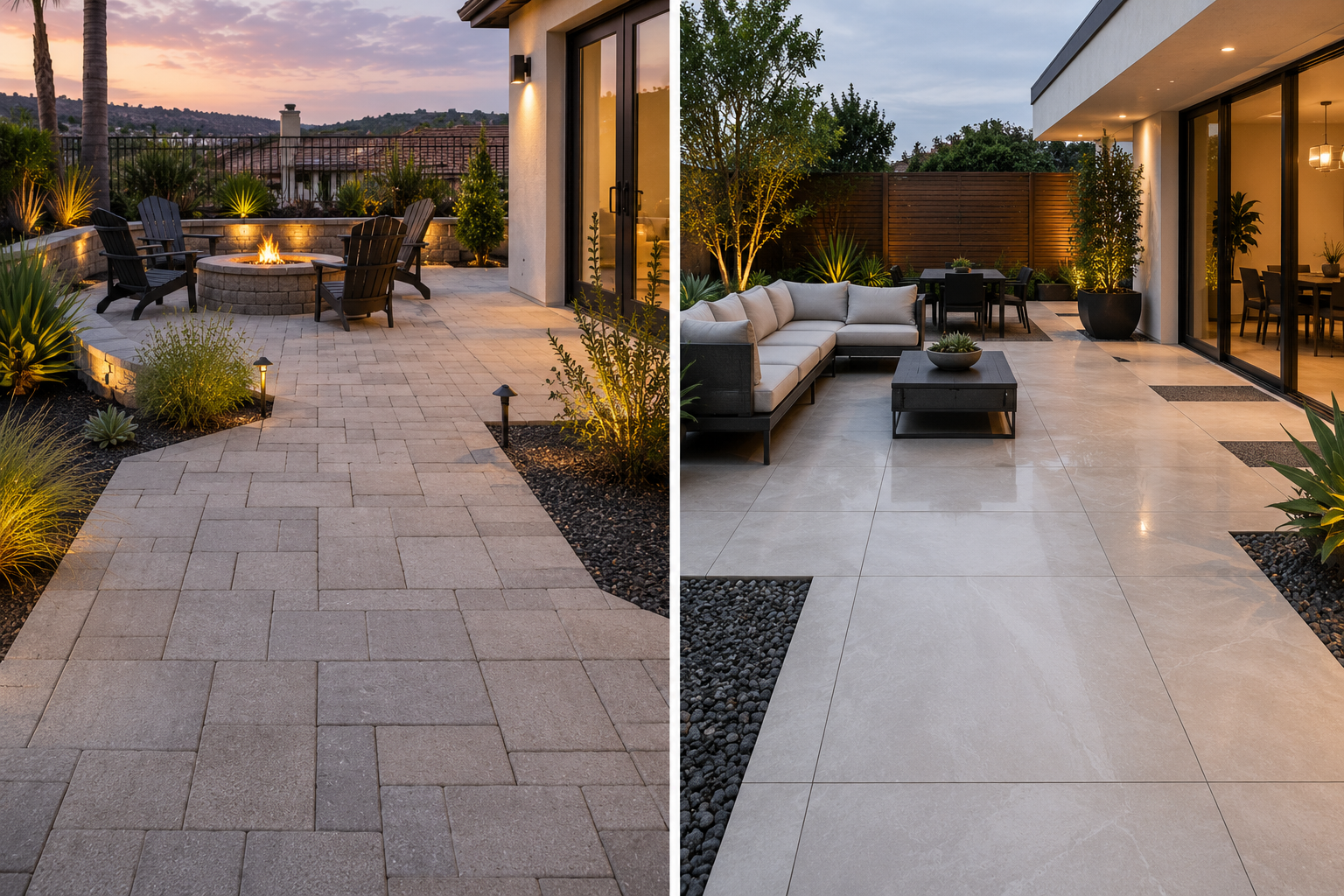 Comparison of two outdoor patio areas: left side features a brick fire pit with chairs around it, set on light-colored pavers at sunset; right side shows a modern outdoor living space with a sectional sofa, dining table, and large sliding glass doors at dusk.