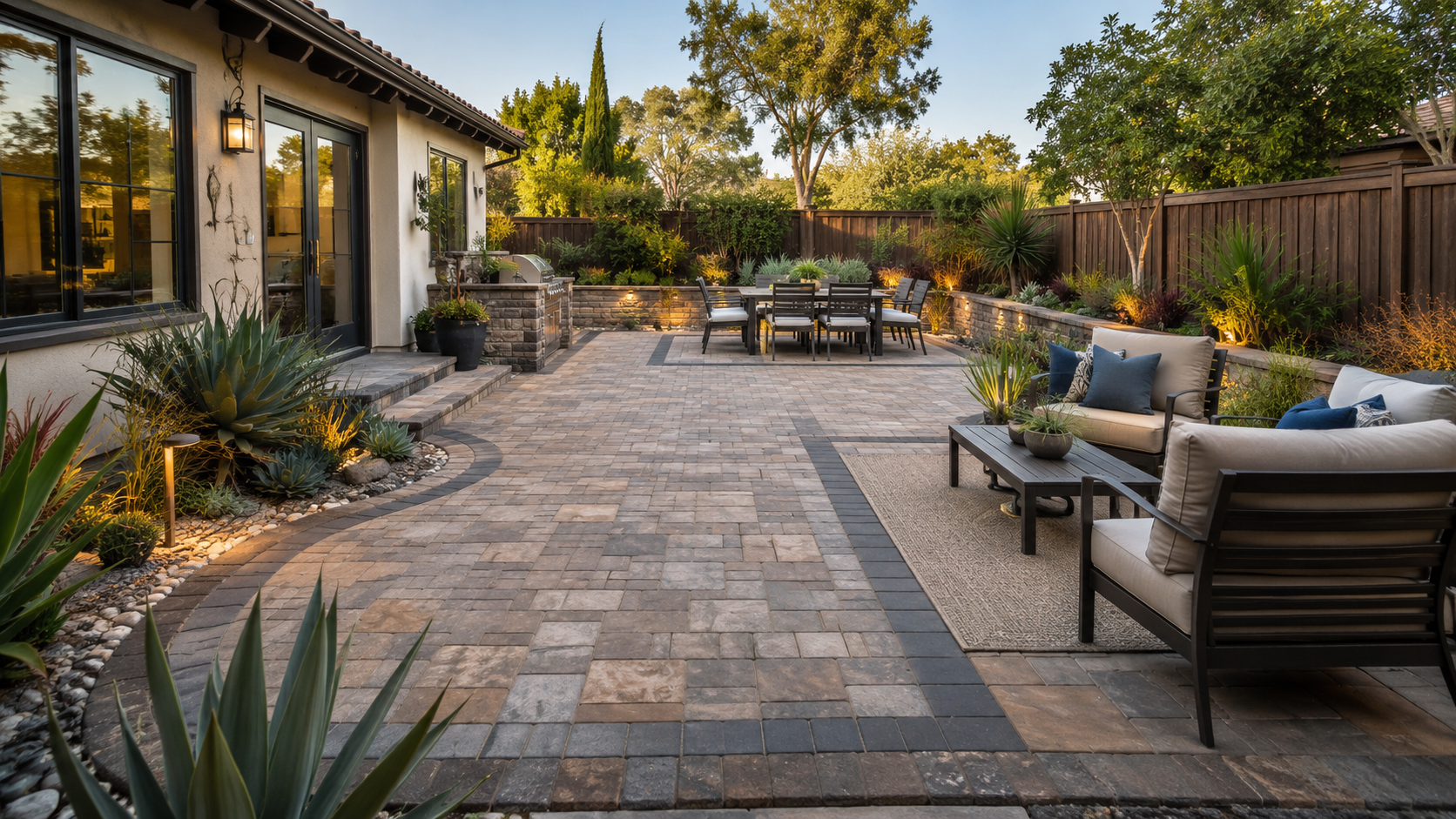 A spacious backyard patio with brick paving, outdoor furniture including a cushioned sofa and chairs, a dining table with chairs, lush green plants, and decorative lighting along the landscaped garden beds, enclosed by a wooden fence.