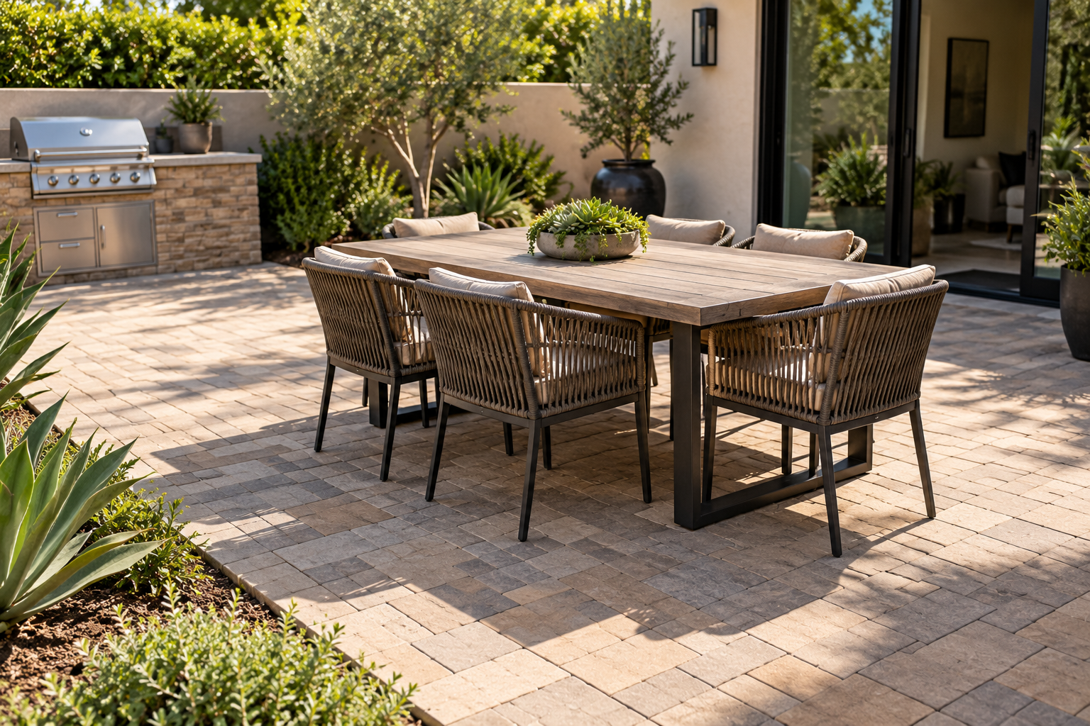 An outdoor patio with a wooden dining table surrounded by eight woven chairs with cushions, a central potted succulent, potted plants, and a built-in barbecue grill against a wall, with a house interior visible through open sliding doors.