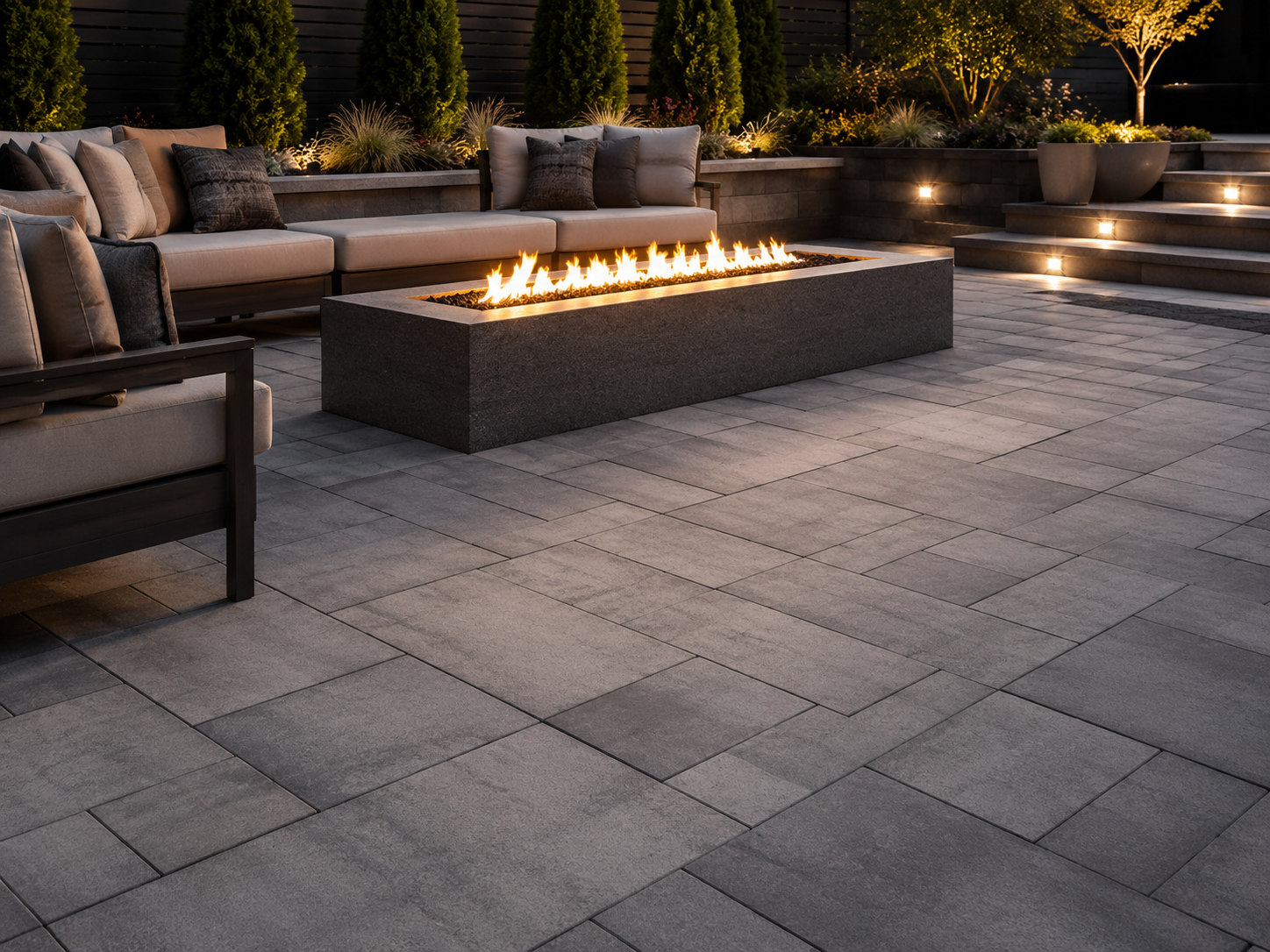 Outdoor paver patio area with a modern rectangular fire pit, cushioned seating, and stairs with small lights leading to landscaped garden with trees and plants at dusk.