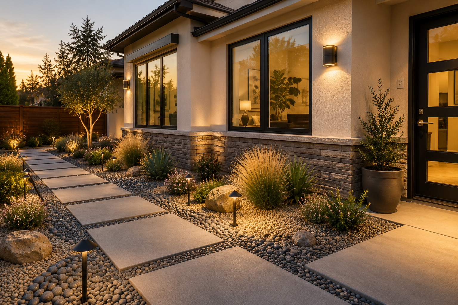 Firewise front yard with decorative stone, low-growing drought-tolerant plants, concrete walkway, and ember-resistant landscape design.