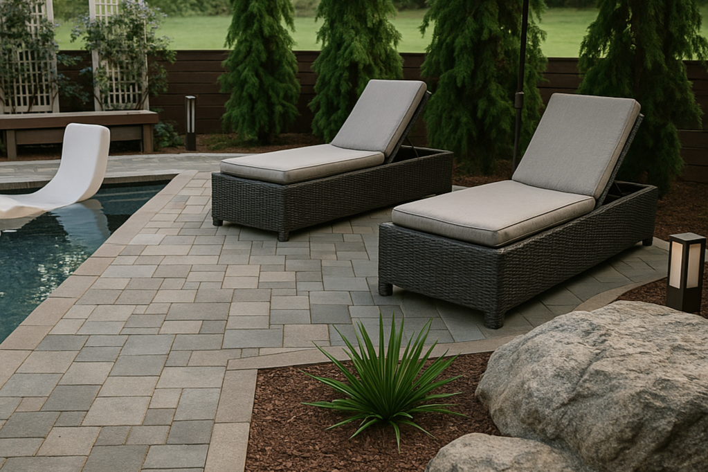 3D Design, Two black wicker lounge chairs with gray cushions on a paved poolside patio, surrounded by green plants and trees, with a large rock and garden lights nearby.