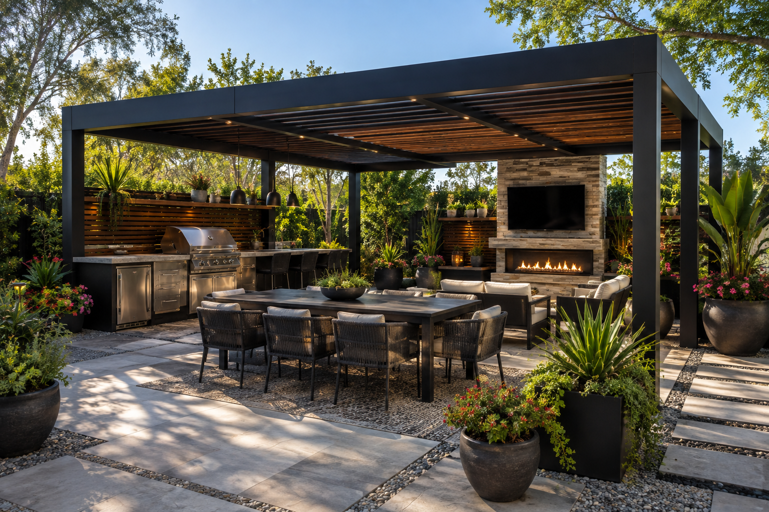Outdoor patio with a covered seating area featuring a barbecue grill, dining table, chairs, a fireplace with a television above, and lush plants surrounding the space.