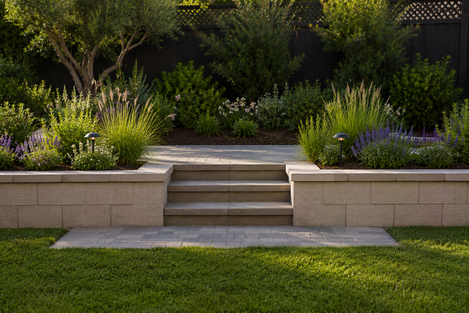 A landscaped backyard garden with a small set of stairs leading to a raised flower bed, featuring green plants and purple flowers, illuminated by small garden lights, with a black wooden fence and trees in the background.
