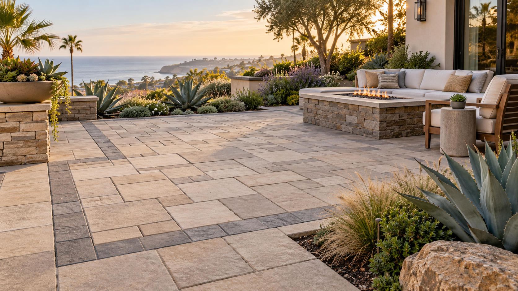 An outdoor patio with beige and gray stone pavers, a built-in fire pit with a stone base, cushioned patio furniture, and desert plants, overlooking the ocean at sunset.