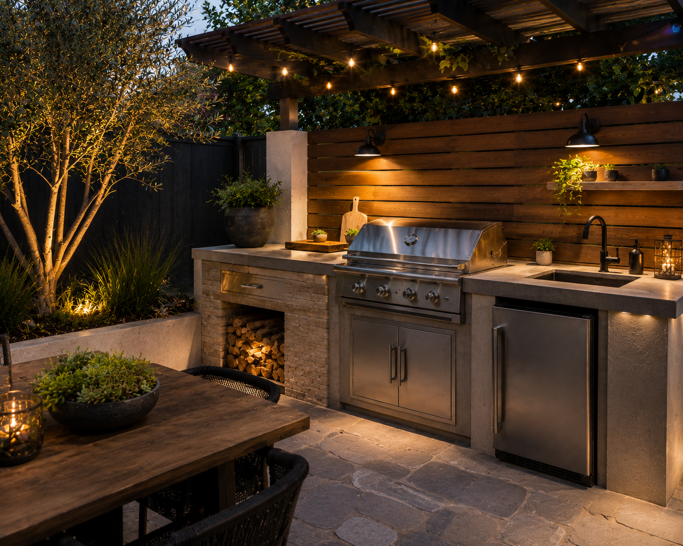 Outdoor kitchen with a stainless steel grill, a small fridge, and a sink, surrounded by string lights, potted plants, and a wooden fence at dusk.