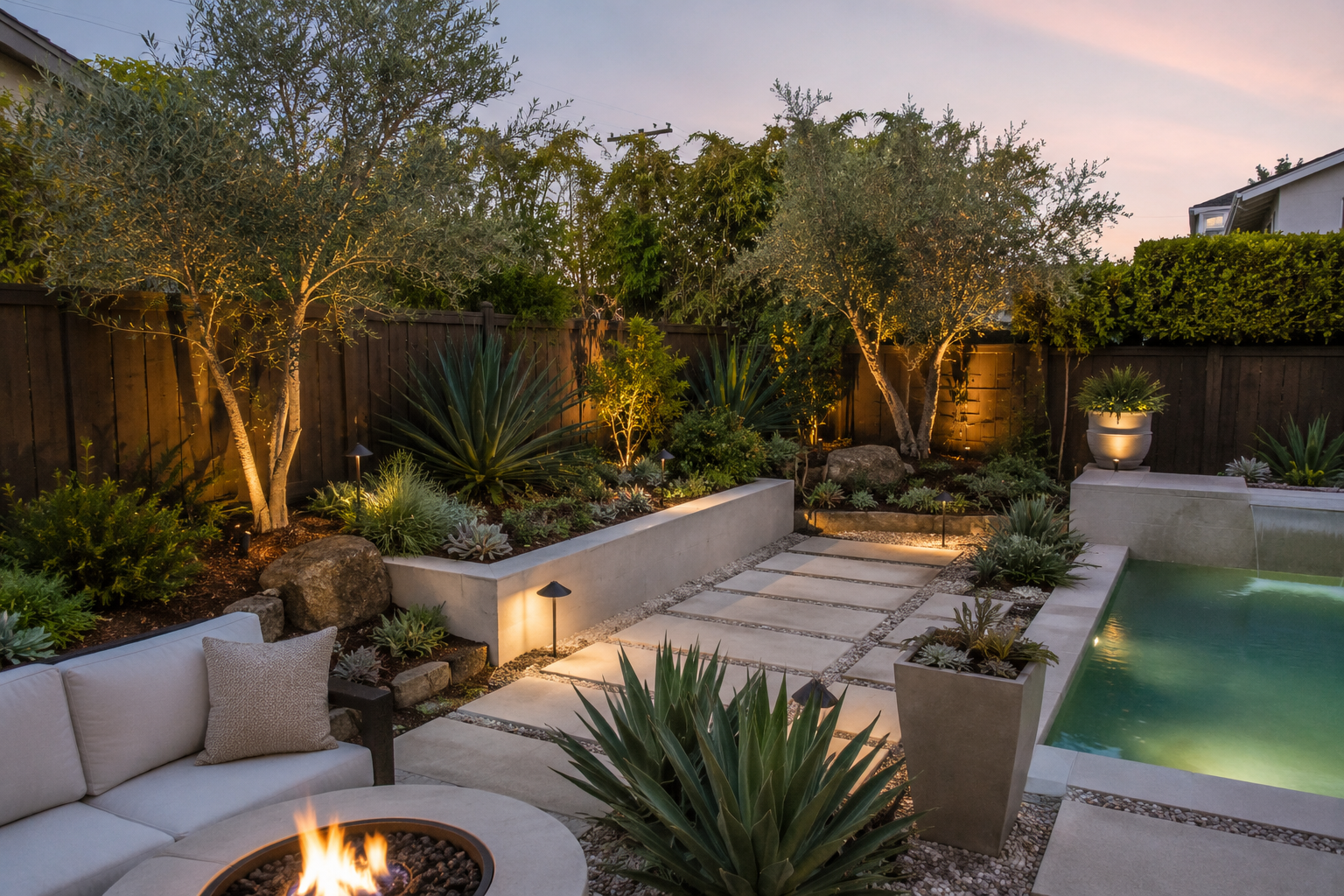 Custom backyard pool with landscape lighting and outdoor entertaining space