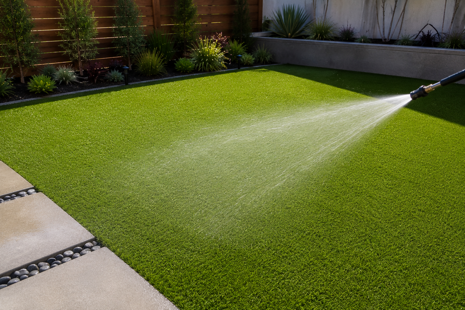 Artificial turf landscape featuring green synthetic grass, irrigation demonstration, potted plants, and fencing in a low-maintenance backyard setting.