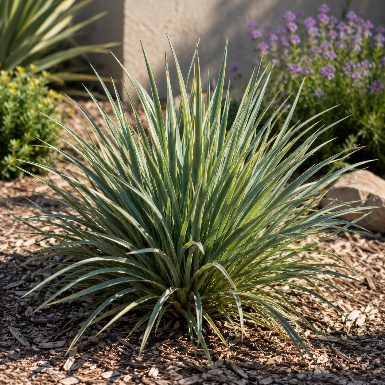 Variegated ornamental grass in desert landscape