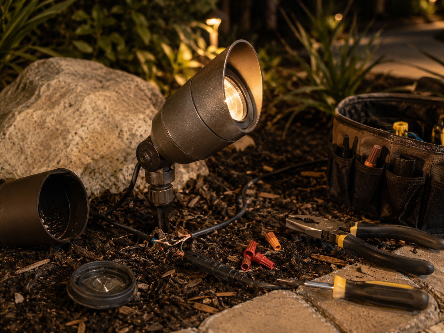 A garden lighting fixture is being installed or repaired outdoors at night, surrounded by tools and equipment, with plants and rocks in the background.