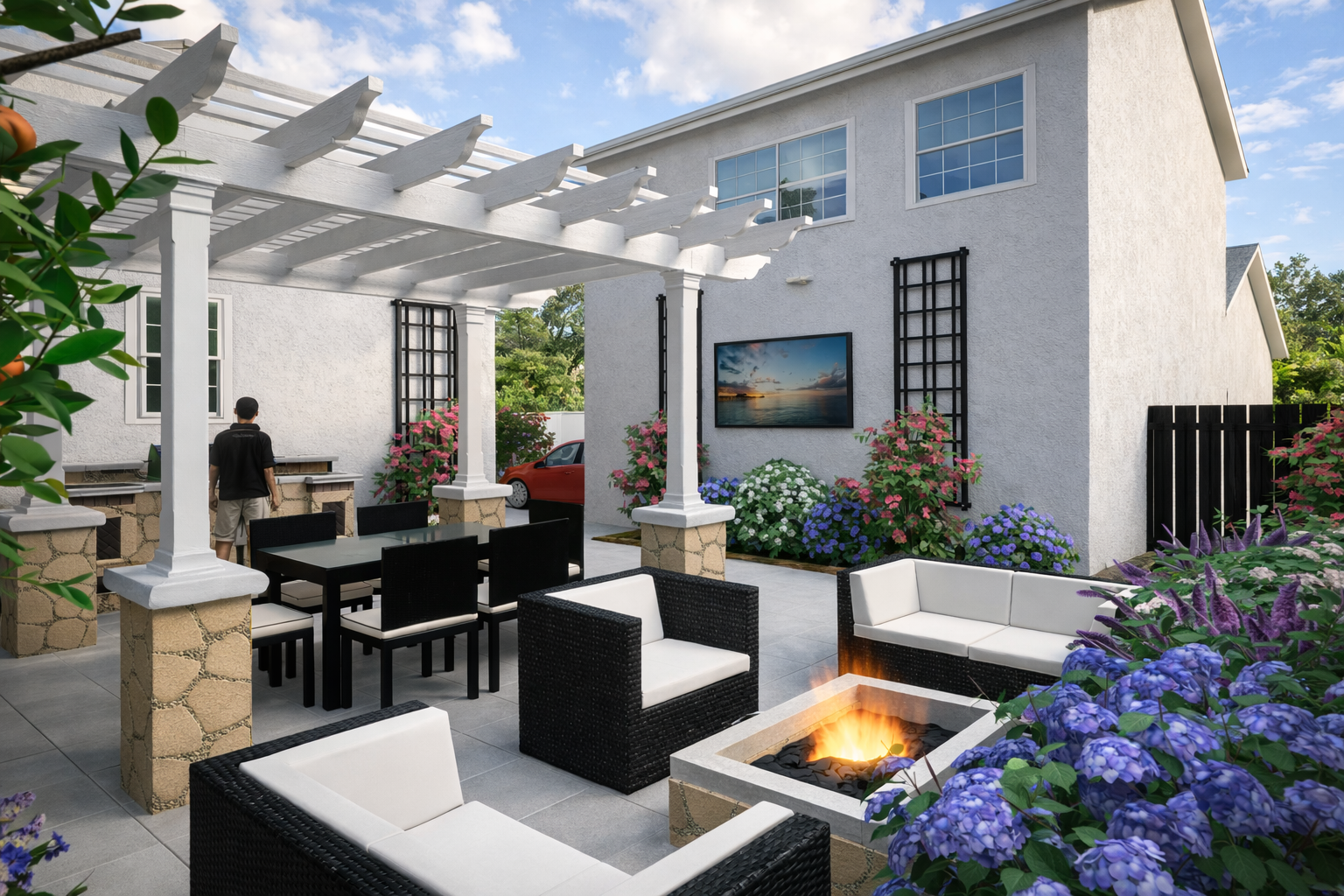Backyard patio with seating area, fire pit, outdoor TV, pergola, and surrounding flower bushes in a residential area.