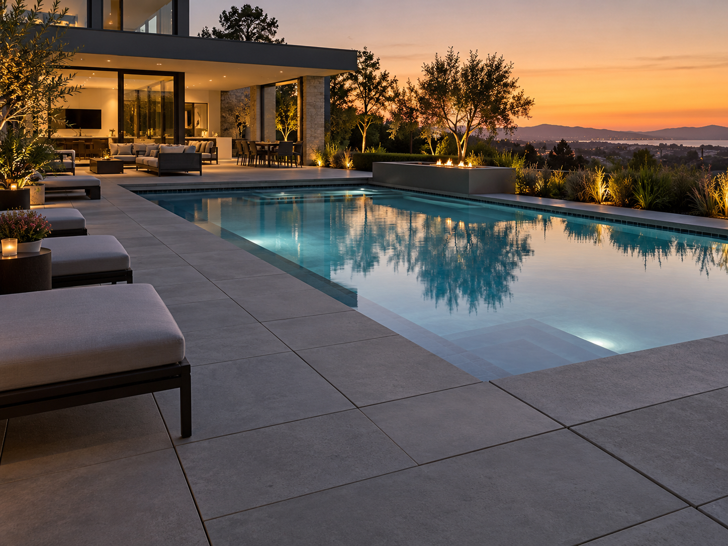 Luxury modern house with outdoor pool and patio area at sunset, with trees and distant mountains in the background